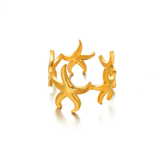 Luckacco Elegant Stainless Steel Big Bloom Flower Rings For Women Gold Color Sun Starfish Open Ring Finger Jewelry Wedding Her Gift Punk