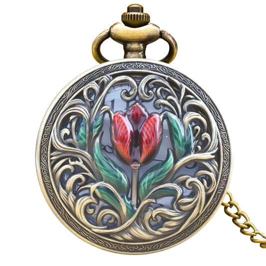 Luckacco Retro Bronze Steampunk Floral Carving Flip-Top Male And Female Student Gift Quartz Necklace Commemorative Pocket Watch