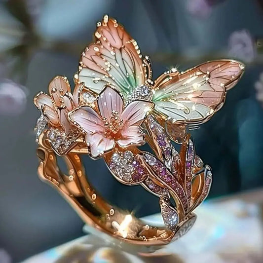 Luckacco Aesthetic Flower Butterfly Rings for Female Romantic Rhinestone Stylish Non-fading Opening Ring Women Wedding Jewelry Party Gift