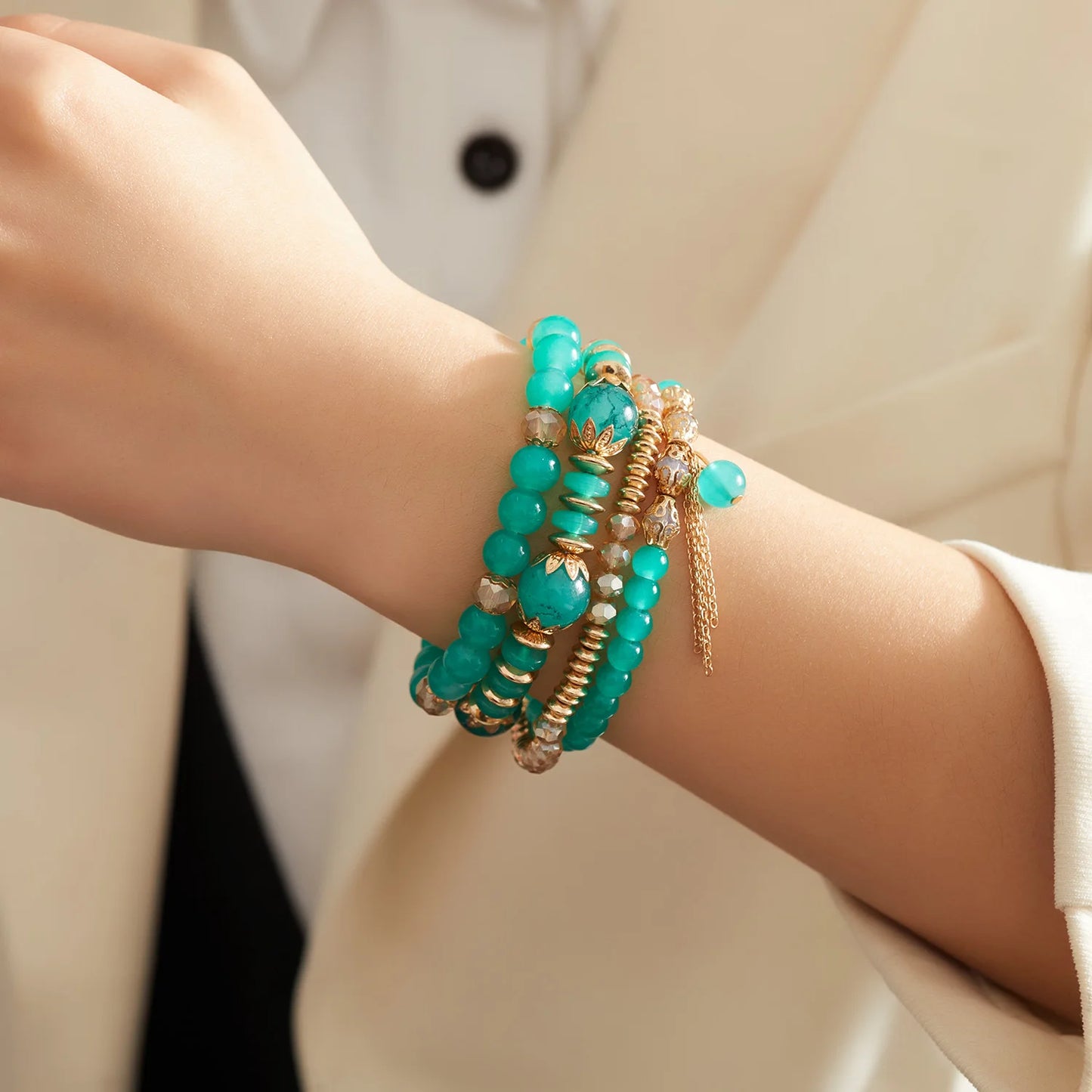 luckacco bohemian 4pcs crystal multi-layer beaded bracelet for women sweet girls colorful round shape jewelry friendship  gifts