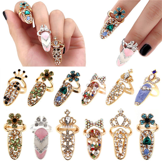 Luckacco Fashion Rhinestone Crown Flower Nail Ring Adjustable Opening Gold Plated Manicure Joint Ring for Women Party Jewelry