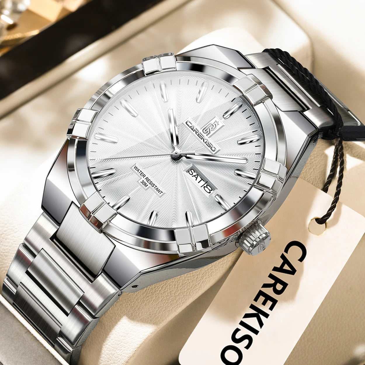 luckacco carekiso military business men clock date week waterproof luminous quartz man wristwatch stainless steel men's watches reloj+box