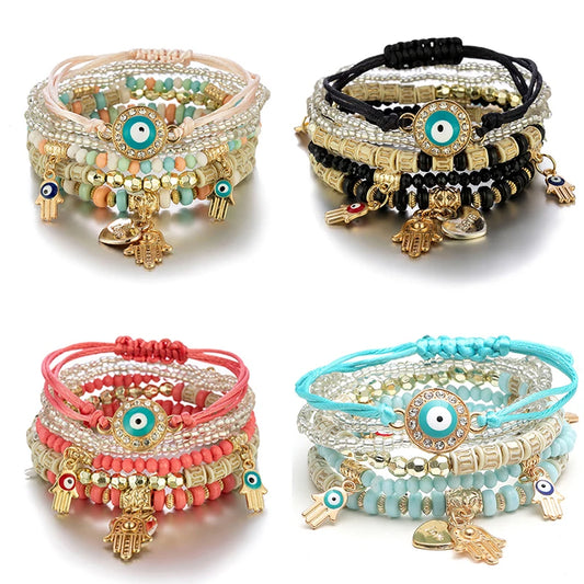 Luckacco 6Pcs/set Bohemian Evil Eye Bracelet Set For Women Fatima Hand Heart Charm Beaded Rope Chain Bangle Female Jewelry Gift