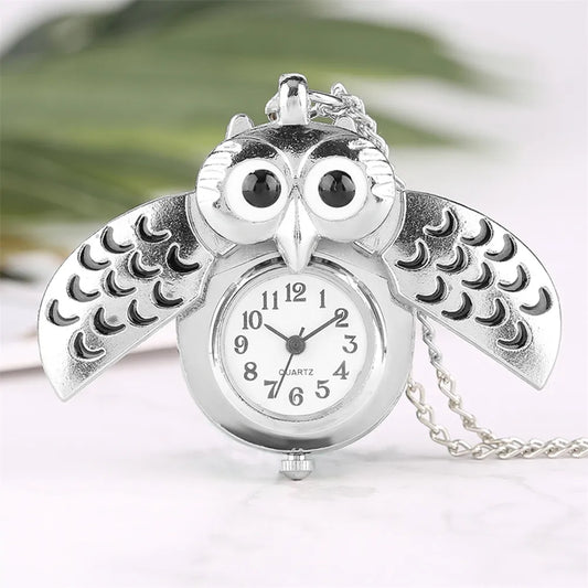 Luckacco Tiny Cute Owl Shaped Pendant Necklace Pocket Watch for Kid Men Women Retro Quartz Pocket Clock Gifts Arabic Numerals Dial