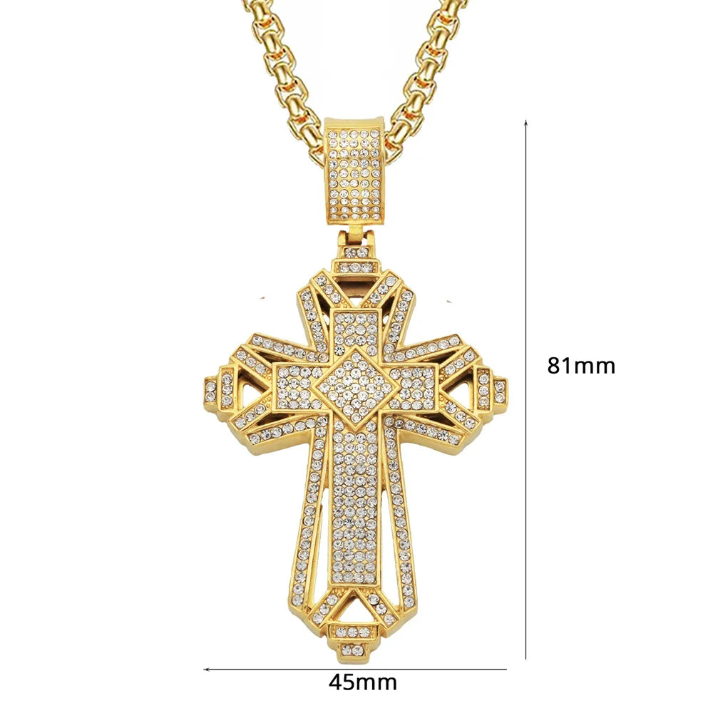 luckacco religious iced out zircon jesus cross pendant male gold color stainless steel christian big necklace for men jewelry gift 2025