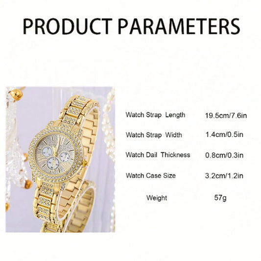 Luckacco Women's Quartz Watch Gold Luxury Women Ring Necklace Earring Rhinestone Fashion Wristwatch Casual Ladies Watches Jewelry Set ﻿