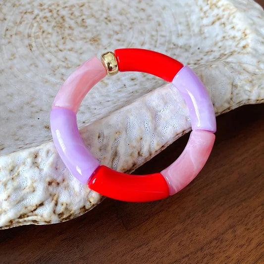 Luckacco Splicing Bamboo Tube Acrylic Smudging Bangles for Women Men Fashion Geometric Elastic Bracelets Bangles Jewelry Couple Gifts F