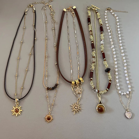 Luckacco Sun Star Zircon Necklace for Women Vintage Leather Necklace Double Layered Pendant Chain Choker Fashion Jewelry