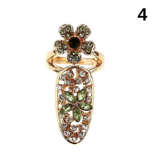 Luckacco Fashion Rhinestone Crown Flower Nail Ring Adjustable Opening Gold Plated Manicure Joint Ring for Women Party Jewelry