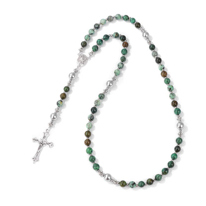 Luckacco Catholic Jesus Cross Bracelet Men Religious Prayer Rosary Bangle 50CM Natural African Turquoises Lava Gem Stone Bead Bracelet
