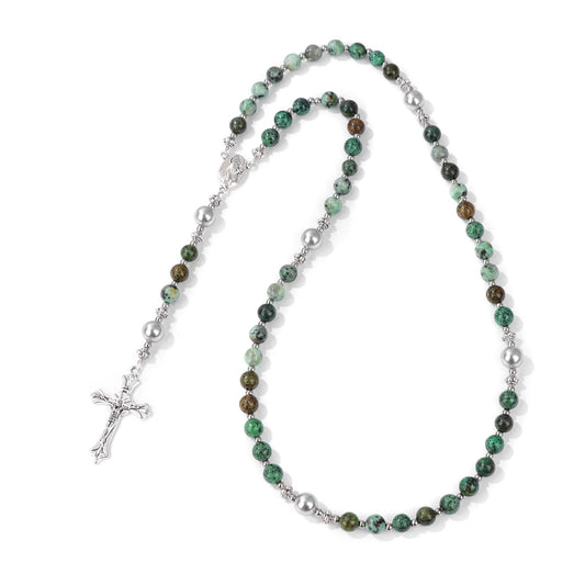 Luckacco Catholic Jesus Cross Bracelet Men Religious Prayer Rosary Bangle 50CM Natural African Turquoises Lava Gem Stone Bead Bracelet