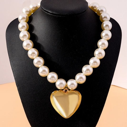Luckacco Exaggerated Imitation Pearl Beads Necklace for Women CCB Big Heart Pendant Choker Necklace Jewelry Gift
