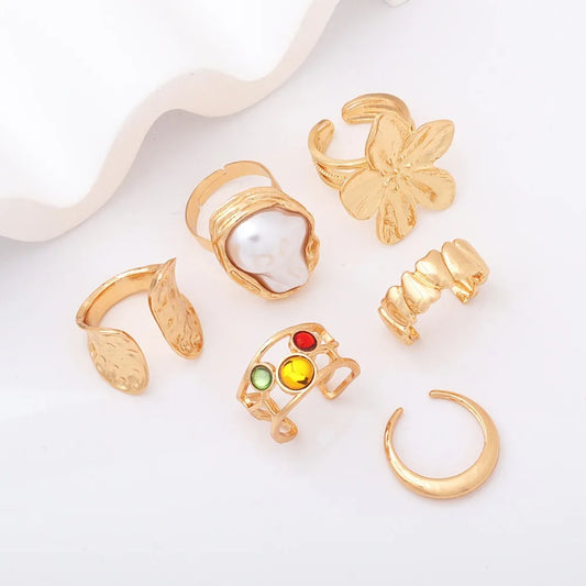 Luckacco 6pcs Set Personality Trend Liquid Metal Lava Flower Baroque Imitation Pearl Zircon Opening Rings for Women Jewelry Sets Gifts