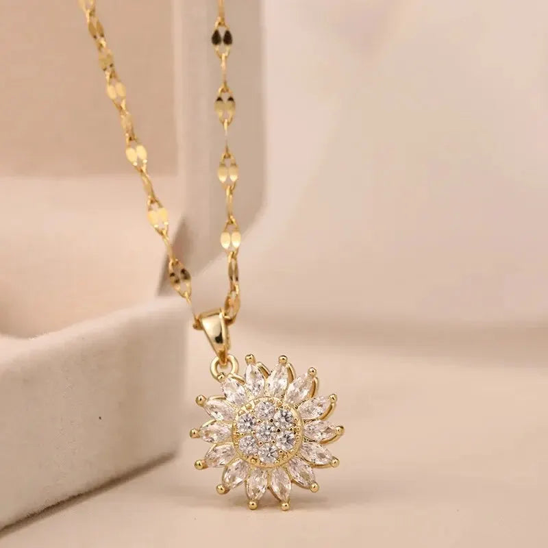 luckacco classic sunflower cubic zirconia pendant necklaces for women gold color alloy rotate necklace daily jewelry