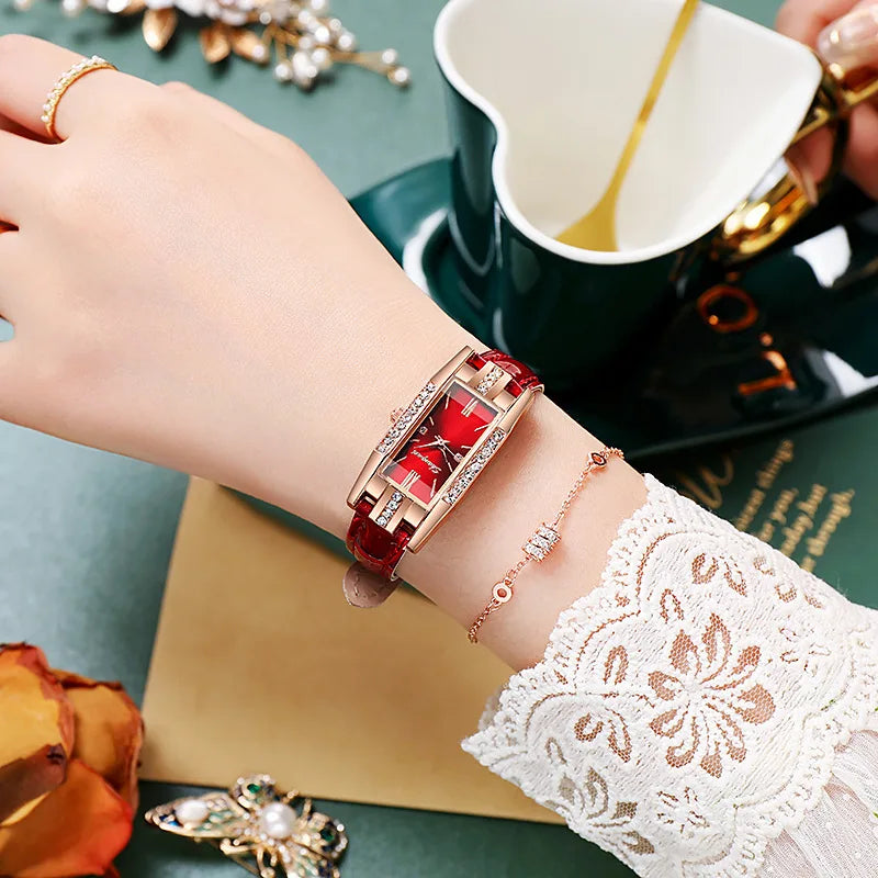 luckacco 2pcs/set women's watches fashion rectangle leather band quartz watch（without box）
