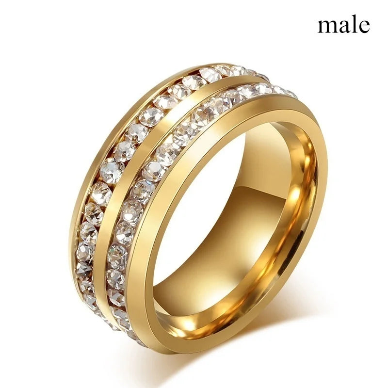 luckacco fashion couple rings romantic white rhinestones cz women rings set simpe men's stainless steel rings for couple wedding jewelry