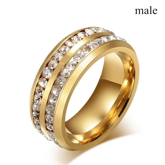 Luckacco Fashion Couple Rings Romantic White Rhinestones CZ Women Rings Set Simpe Men's Stainless Steel Rings For Couple Wedding Jewelry