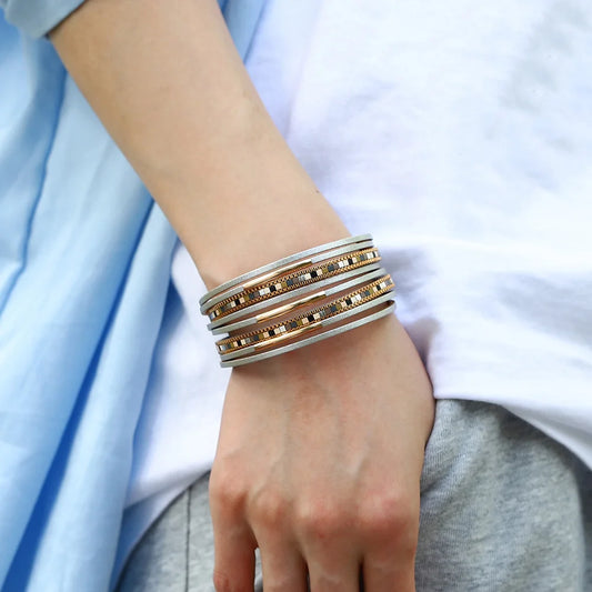 Luckacco ALLYES Trendy Colorful Square Leather Bracelet for Women Men Boho Metal Tube Multilayer Wrap Wide Bracelets Charm Party Jewelry