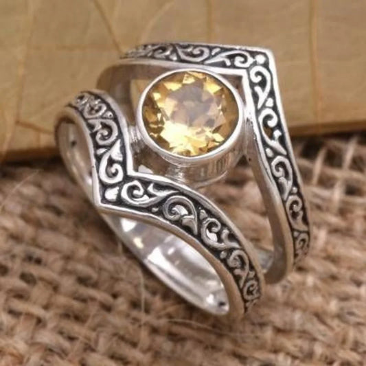 Luckacco Vintage Charm Silver Color Round Geometry Flower Yellow Stone Fashion Party Rings for Women Jewelry