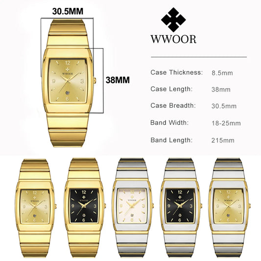 Luckacco Relogio Masculino WWOOR New Man's Square Watch For Men with Automatic Date Luxury Stainless Steel Gold Mens Quartz Wrist Watches