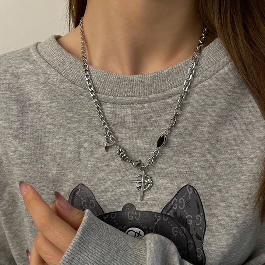 Luckacco JWER New Y2K Cuban Figaro Chain Star Moon Pendant Necklace Men Punk Black Zircon Chain Choker Necklace For Men Jewelry Gifts