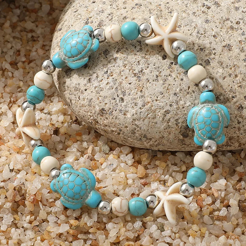 luckacco bohemian imitation shell beads bracelet for women sea star turtle woven rope bracelet handmade friendship beach holiday  jewelry