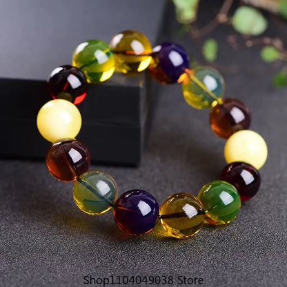 Luckacco Natural Burmese Beeswax Duobao Round Beads Bracelet for Men and Women Raw Ore Amber Single Circle All-match Couple Handstring