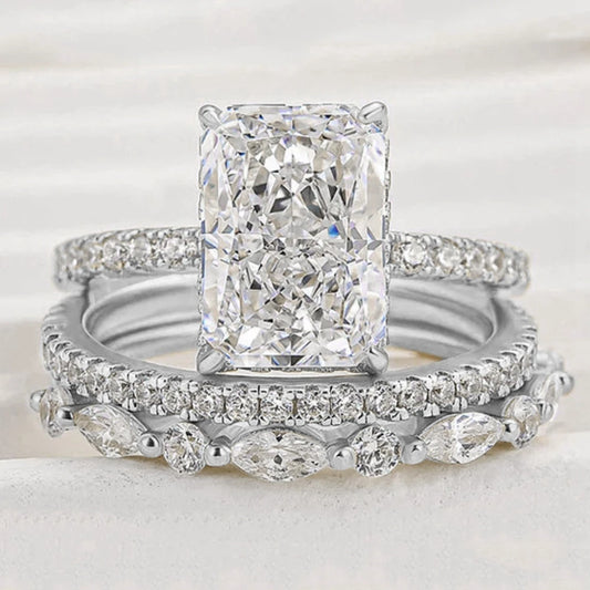Luckacco Wong Rain Solid 925 Sterling Silver Crushed Ice Cut 7*10MM Lab Sapphire Gemstone Ring Sets 3Pcs Fine Jewelry Wedding Party Gifts