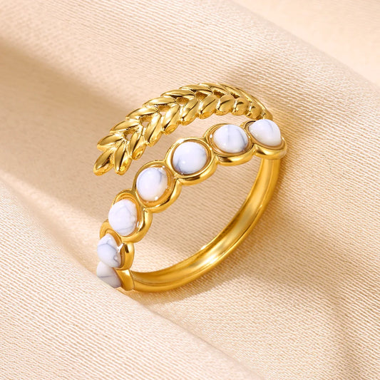 Luckacco Vintage Turquoise Wide Ring for Women Gold Color Stainless Steel Wheat Ear Adjustable Open Ring Fashion Party Jewelry Gift