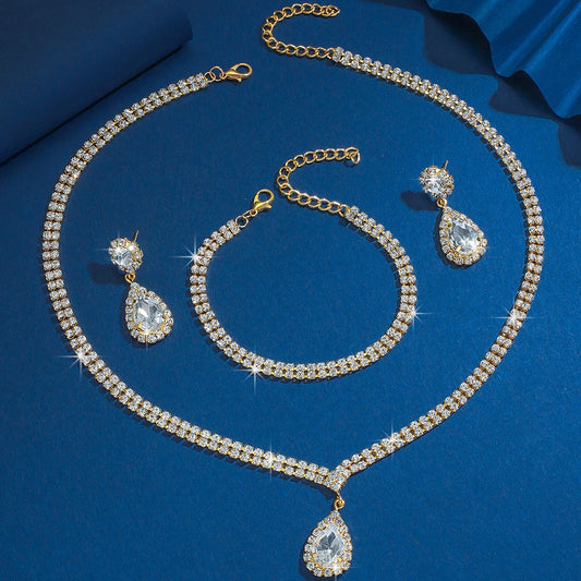 Luckacco Wedding Season Women's Fashion Copper Claw Chain Water Drop Necklace Earrings Bracelet Jewelry Set Wedding Banquet Festival Gift