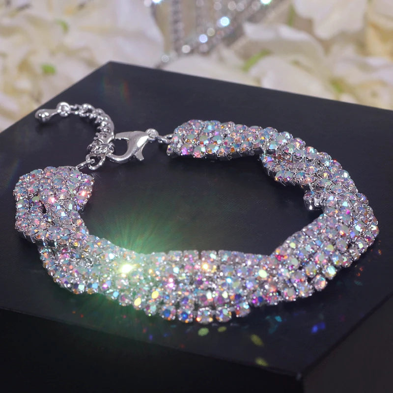 luckacco luxury shining colorful rhinestone bracelet for women adjustable charm silver color bracelet wedding bracelets & bangles jewelry