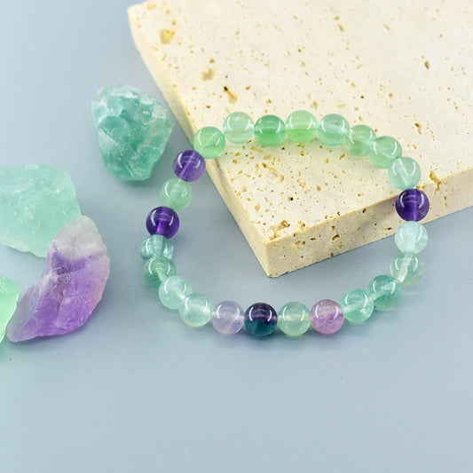 Luckacco Fluorite Bracelet with Natural Stones 6 8 10mm Beads Charm Jewelry for Women Amethyst Crystal Agates Beads Energy Healing Bangle
