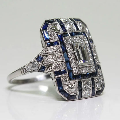 Luckacco Luxury Silver Color Metal Square Inlaid with Dark Blue Stones Ring Fashion Party Wedding Engagement Rings for Women Jewelry