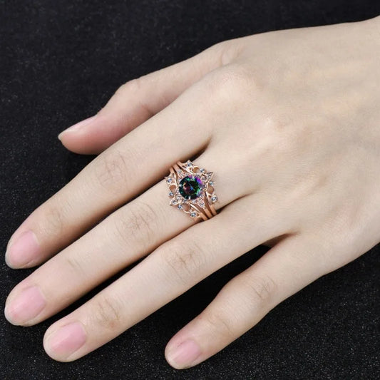 Luckacco Exquisite Rose Gold Color Round White Stone Flower Hollow Rainbow Color Stone Rings for Women Jewelry Anniversary Rings Set Gift