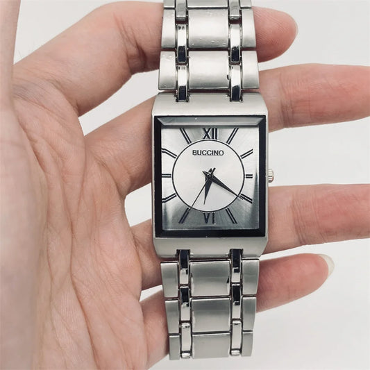 Luckacco Newest Men Watches Fashion Elegant Rectangle Dial Steel Clock Quartz Watch Men's Silver Gold Plated Wristwatch Masculino Relogio