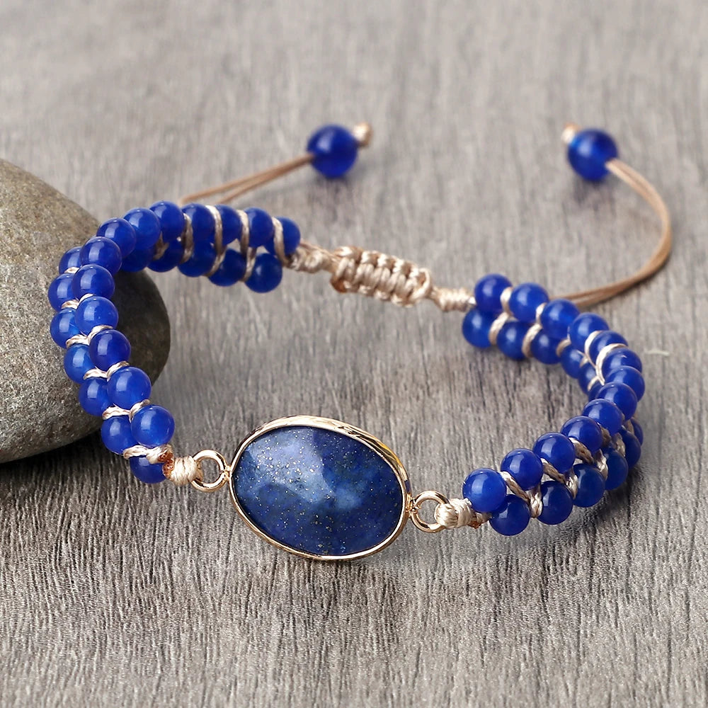luckacco handmade natural chalcedony stone wrap bracelet & bangle charm lazurite pendant braided beaded bracelets women men yoga jewelry