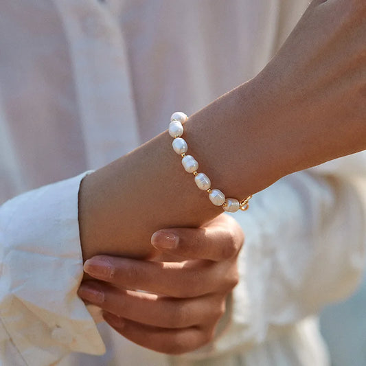 Luckacco Fashion Freshwater Pearl Gold Plated Beaded Bracelet for Women Natural Pearls with Link Chain Bracelet Bangles Charm Jewelry