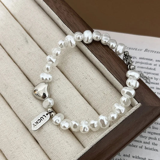 Luckacco New 925 Sterling Silver Bracelet Pearls Knots Bracelet for Women Fashion Heart Pearls Bracelet  Luxury Jewelry Accessories Gift