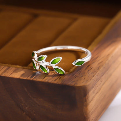 Luckacco Fashion Accessories Green Color Leaves and Twig Wrap Around Ring Silver Color Nature Inspired Fine Jewelry for Women Adjustable