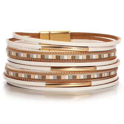 Luckacco ALLYES Trendy Colorful Square Leather Bracelet for Women Men Boho Metal Tube Multilayer Wrap Wide Bracelets Charm Party Jewelry