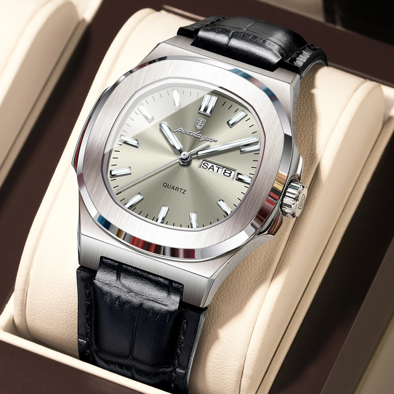 luckacco poedagar high quality watch for men luxury luminous waterproof week calendar man clock leather square men's quartz watches reloj