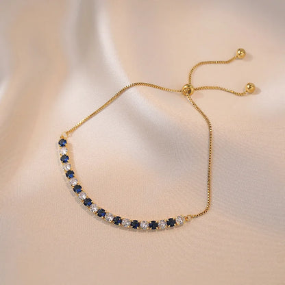 Luckacco Charm Royal Blue White Stone Round Bracelets For Women Gold Color Metal Adjustable Zircon Hand Chains Simple Party Jewelry Gifts