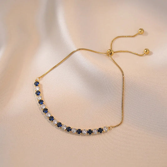 Luckacco Charm Royal Blue White Stone Round Bracelets For Women Gold Color Metal Adjustable Zircon Hand Chains Simple Party Jewelry Gifts