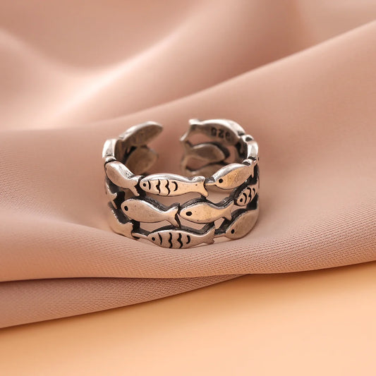 Luckacco 925 Sterling Silver Rings For Women Simple Minimalist  Retro Fish Open Finger Ring Fashion Band Female Bijoux Gift