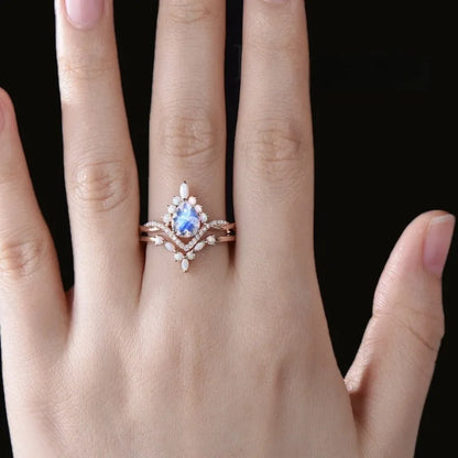 Luckacco Charm Rose Gold Color Waterdrop White Stone Flower Hollow Rings for Women Jewelry Anniversary Rings Set Gift
