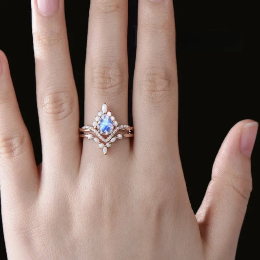 Luckacco Charm Rose Gold Color Waterdrop White Stone Flower Hollow Rings for Women Jewelry Anniversary Rings Set Gift