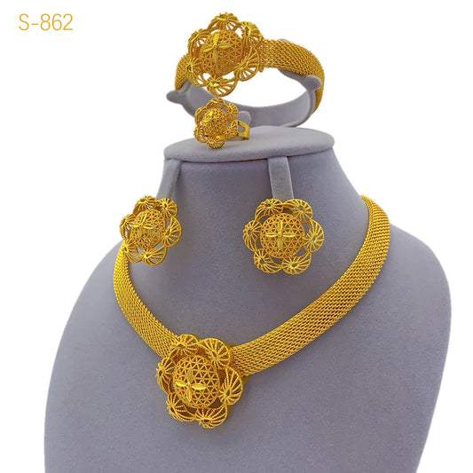 Luckacco XUHUANG Luxury Flower Necklace Sets For Women Wedding Dubai Gold Plated African Jewelry Set Indian Jewellery Anniversary Gifts