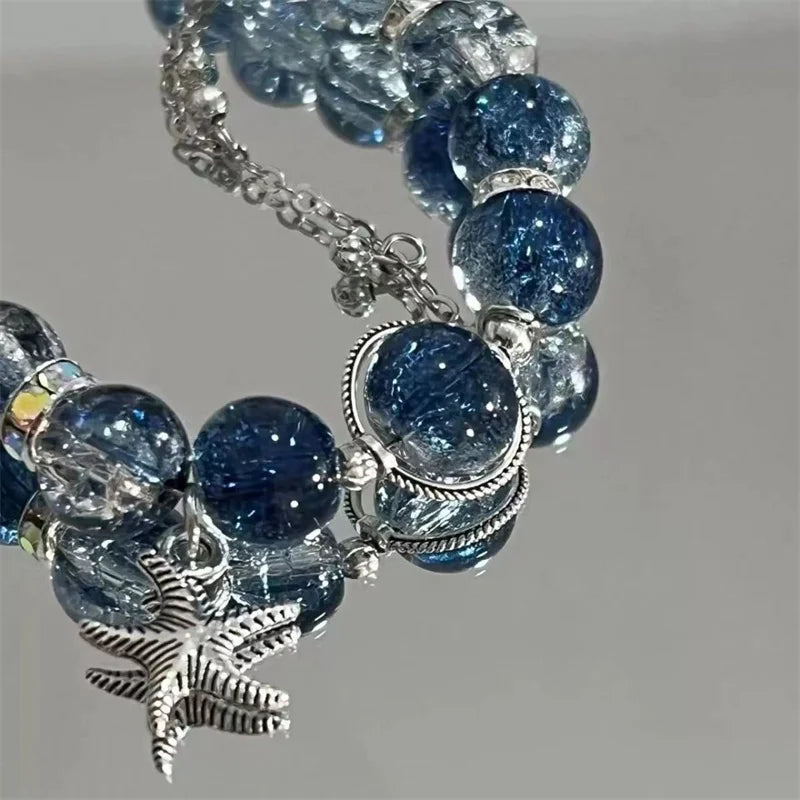luckacco niche design starfish chain tassel bracelet for women fantasy gradient blue crystal beads elastic rope bracelet student jewelry