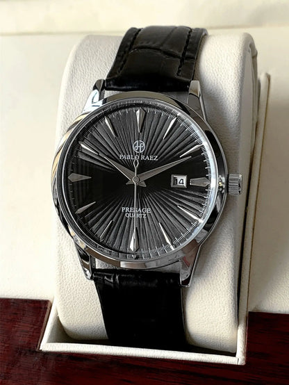 Luckacco Top Brand Men's Watch Simple Business Waterproof Calendar Leather Strap Male Fashion Quartz Watches Gift: Box, Spare Battery