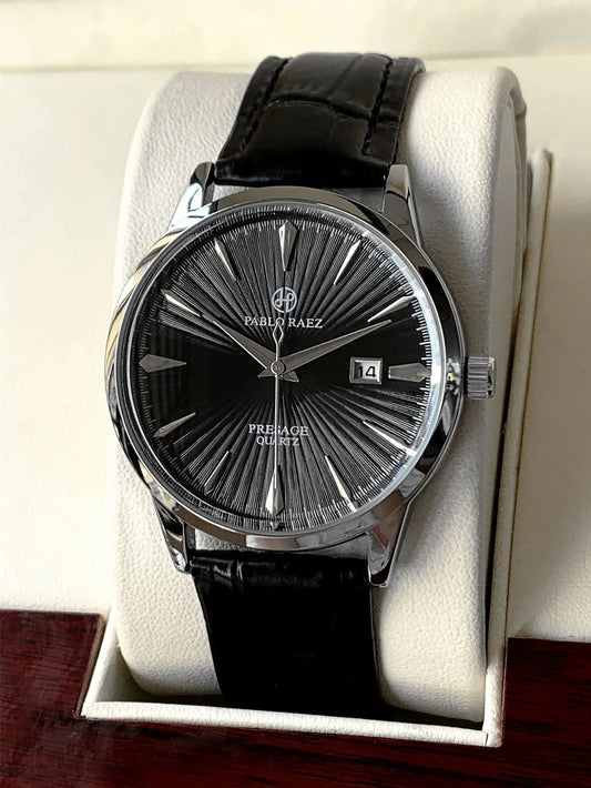 Luckacco Top Brand Men's Watch Simple Business Waterproof Calendar Leather Strap Male Fashion Quartz Watches Gift: Box, Spare Battery